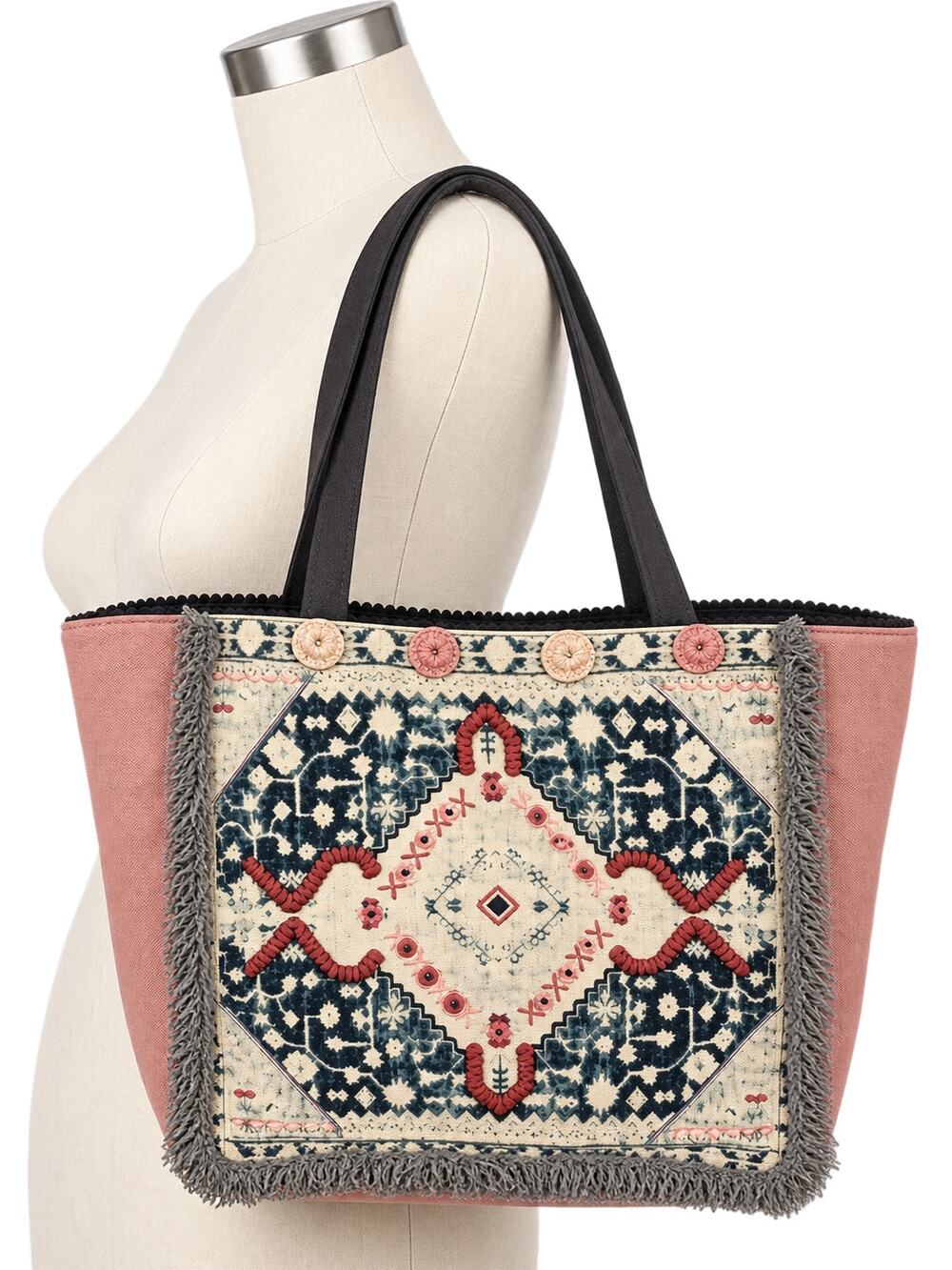 Earthbound Trading Co Embroidered Tapestry Tote Bag - Pink Boho Fringe